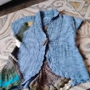 Anthropologie Rosie Neira Blue and Green Crochet Mallard Cardigan. Size S/m